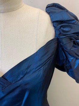 Womens, Evening Gown, NL, Royal Blue, Polyester, Solid, W30, B34, Short Sleeves, Zip Back, Sweetheart Bateau/Boat Neck, Puff Sleeves, Dropped Waisted, Gathered Skirt, High Low Hem,