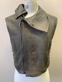 Mens, Vest, N/L MTO, Faded Black, Espresso Brown, Leather, Solid, Faded, C:36, Aged and Dusty Leather, Off Set Zipper at Front with Soft Collar, Unusual Ridged Detail/Texture at Sides and Back Like Ribcage Bones, Made To Order
