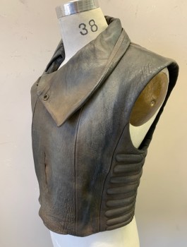 Mens, Vest, N/L MTO, Faded Black, Espresso Brown, Leather, Solid, Faded, C:36, Aged and Dusty Leather, Off Set Zipper at Front with Soft Collar, Unusual Ridged Detail/Texture at Sides and Back Like Ribcage Bones, Made To Order