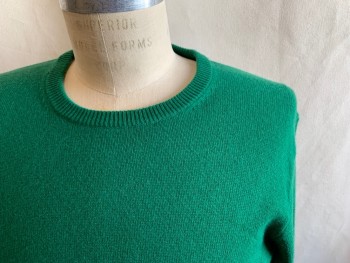 Mens, Pullover Sweater, J. CREW, Shamrock Green, Cashmere, Solid, M, Ribbed Knit Crew Neck, Long Sleeves, Ribbed Knit Waistband/Cuff