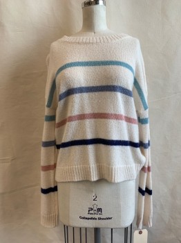 RAILS, Ivory White, Dusty Blue, French Blue, Dusty Pink, Navy Blue, Wool, Synthetic, Stripes - Horizontal , Round Neck,  Ribbed Trim
