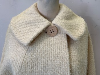 Womens, Coat, N/L, Cream, Wool, Solid, B 38, Boucle, 3 Fabric Covered Buttons, 2 Pockets, Large Collar, Long Sleeves, Darts at Front Collar, Pleats at Back Collar,