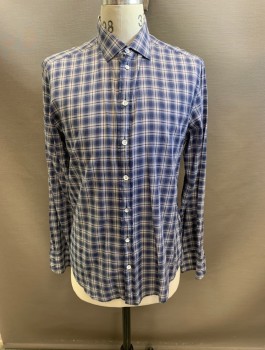 RAG & BONE , Navy Blue, White, Red, Cotton, Plaid, Collar Attached, Button Front, Long Sleeves