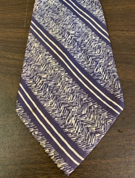 Mens, Tie, N/L, Navy Blue, Off White, Silk, Stripes - Diagonal , Abstract , 3 3/4" Wide at Base, Four in Hand