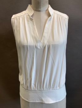 FRAME, Off White, Silk, Solid, Sleeveless, Stitched Band Collar with V-Neck, 3" Wide Stitched Waistband, Elastic Smocking at Back Waist/Hem, Pullover