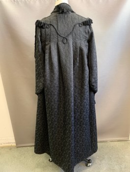 Womens, Historical Fiction Coat, N/L MTO, Black, Cotton, Polyester, Swirl , O/S, Textured Brocade, Long Sleeves with Open Outseam, Open Front with Self Ties, Gimp and Tasseled Trim, Stand Collar, V Shaped Front Yoke, Floor Length, Made To Order Historical Fantasy