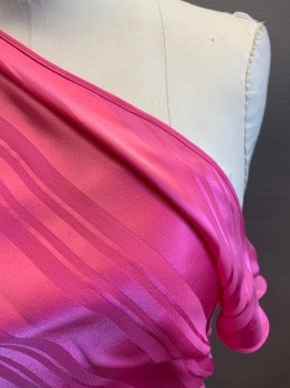 MILLY, Hot Pink, Silk, Polyester, Stripes, Solid, Hot Pink Silk Shell with Poly Lining, Self Stripe, Sleeveless, One Shoulder, Bow on Right Shoulder