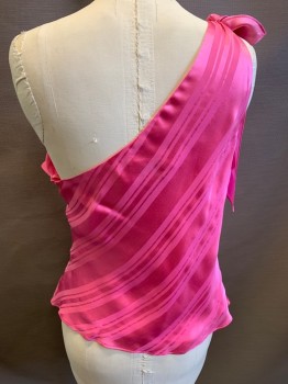 MILLY, Hot Pink, Silk, Polyester, Stripes, Solid, Hot Pink Silk Shell with Poly Lining, Self Stripe, Sleeveless, One Shoulder, Bow on Right Shoulder
