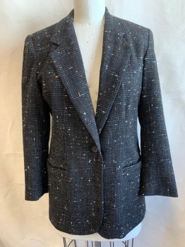 Womens, Blazer, LESLIE FAY, Black, White, Brown, Polyester, Rayon, Grid , B:36, Single Breasted, Wide Notched Lapel, 1 Button, 2 Pockets