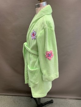 Childrens, Robe, XHILIRATION, Lime Green, Baby Blue, Pink, Purple, Polyester, Floral, S, with Belt, Plush, L/S, 2 Waist Patch Pockets, Pink, Purple, & & Baby Blue Flowers
