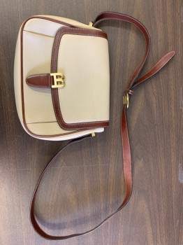 Womens, Purse, BALLY, Cream, Chestnut Brown, Leather, Color Blocking, NS, Saddle Bag, Gold Notions, Adjustable Strap