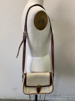 Womens, Purse, BALLY, Cream, Chestnut Brown, Leather, Color Blocking, NS, Saddle Bag, Gold Notions, Adjustable Strap
