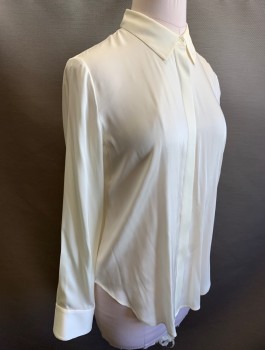 THEORY, Cream, Silk, Spandex, Solid, Charmeuse, Long Sleeves, Button Front, Collar Attached