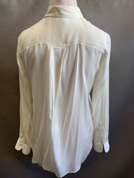 THEORY, Cream, Silk, Spandex, Solid, Charmeuse, Long Sleeves, Button Front, Collar Attached