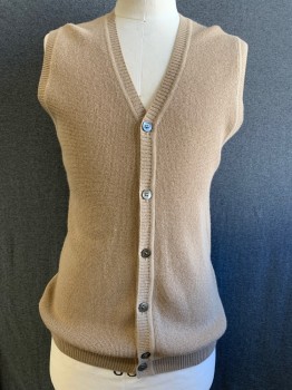 Mens, Sweater Vest, BOBBY JOES, Khaki Brown, Alpaca, Solid, M, V-neck, Button Front, Light Weight