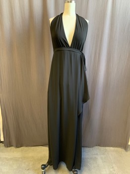 BCBG, Black, Polyester, Solid, Chiffon, Draped Surplice Halter, Waistband with Attached Self Belt, Wrap Draped Skirt, Floor Length Hem, Attached Leotard Lining with Snap Crotch