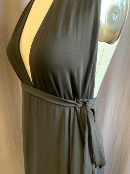 BCBG, Black, Polyester, Solid, Chiffon, Draped Surplice Halter, Waistband with Attached Self Belt, Wrap Draped Skirt, Floor Length Hem, Attached Leotard Lining with Snap Crotch