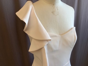LAUNDRY, White, Polyester, Solid, One Shoulder with Ruffle Panel, Sweetheart Neck, Side Zip, Off Center, Floor Length Hem