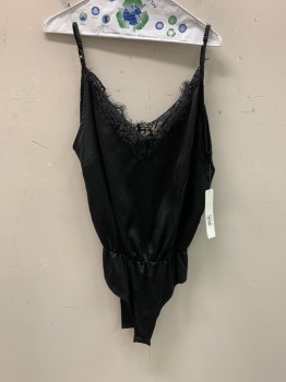 Womens, Negligee, AQUA, Black, Synthetic, Solid, S, Adj Straps, V-N, Lace Trim At Bust, Snaps At Bottom, Elastic Waistband,