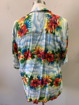 Mens, Hawaiian Shirt, KAD, Lt Blue, Red, Forest Green, White, Multi-color, Rayon, Hawaiian Print, L, Short Sleeves, Button Front, 7 Wood Buttons, Chest Pocket