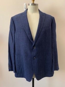 JOSEPH ABBOUD, Denim Blue, Linen, Wool, Solid, Single Breasted, 2 Bttns, Peaked Lapel, 3 Pckts, Elbow Patches Of The Same Fabric