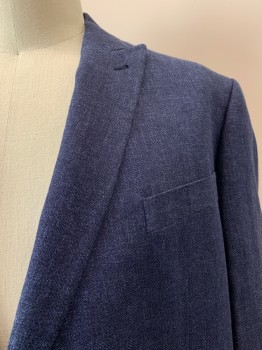 JOSEPH ABBOUD, Denim Blue, Linen, Wool, Solid, Single Breasted, 2 Bttns, Peaked Lapel, 3 Pckts, Elbow Patches Of The Same Fabric