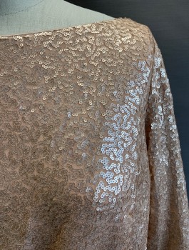 TADASHI SHOJI, Ballet Pink, Polyester, Spandex, Solid, Boat Neck, L/S, Elastic Waistband, Pleated V-back with Lace Inset, Sequins All Around, Beige Lining