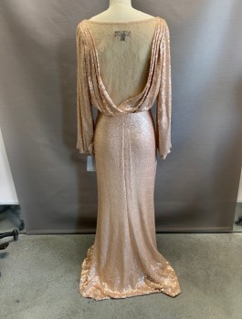 TADASHI SHOJI, Ballet Pink, Polyester, Spandex, Solid, Boat Neck, L/S, Elastic Waistband, Pleated V-back with Lace Inset, Sequins All Around, Beige Lining