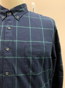 J CREW, Navy Blue, Green, Wool, Grid , L/S, Button Front, Collar Attached, Chest Pocket