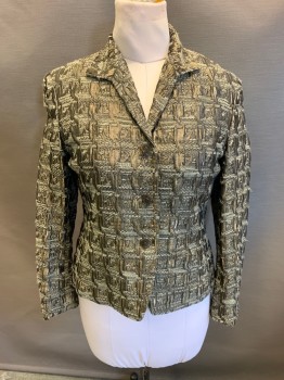 JONES NEW YORK, Gold Metallic, Baby Blue, Khaki Brown, Acetate, Wool, Tweed, Houndstooth, C.A., Single Breasted, Button Front