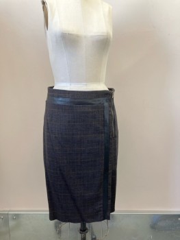 CLUB MONACO, Dk Brown, Tan Brown, Purple, Wool, Leather, Plaid, Straight, Exposed Zip Left Side Front, Black Leather Insert Below Waist And Down Left Side, Front Left Slit, Lined