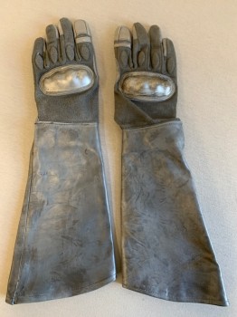 Unisex, Sci-Fi/Fantasy Gauntlets, N/L MTO, Gray, Metallic, Leather, Cotton, M, Pair, Stiffened Cotton Motorcycle Gloves Attached to Leather Elbow Length Extension, Molded Knuckles with Metallic Finish, Leather Panels on Fingers,  Aged/Scuffed Throughout, Multiples