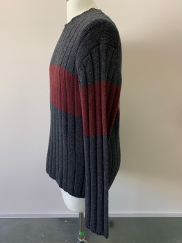 EASTSIDE WESTSIDE, Charcoal Gray, Red Burgundy, Acrylic, Wool, Color Blocking, L/S, Crew Neck,