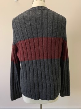 EASTSIDE WESTSIDE, Charcoal Gray, Red Burgundy, Acrylic, Wool, Color Blocking, L/S, Crew Neck,