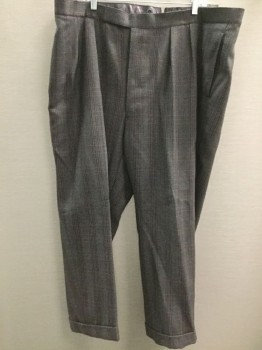 Mens, 1930s Vintage, Suit, Pants, N/L MTO , Brown, Red Burgundy, Tan Brown, Wool, Polyester, Plaid, Herringbone, Ins:30, W:44, Double Pleats, Button Tab, Zip Front, Cuffs, Fully Lined, Made To Order