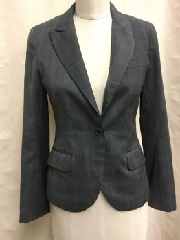 Womens, Suit, Jacket, THEORY, Gray, White, Wool, Plaid-  Windowpane, 0, Single Breasted, Collar Attached,  Peaked Lapel, 1 Button, 3 Pockets,
