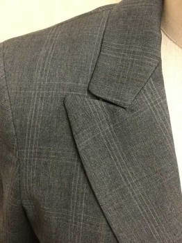 THEORY, Gray, White, Wool, Plaid-  Windowpane, Single Breasted, Collar Attached,  Peaked Lapel, 1 Button, 3 Pockets,