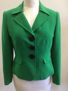 TAHARI, Kelly Green, Polyester, Solid, Single Breasted, 3 Large Black Buttons, Lapel Under Collar, Waist Seam, 2 Pockets