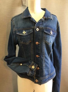 Womens, Jean Jacket, LOVE TREE, Blue, Cotton, Polyester, Heathered, L, Heather Blue Denim with 5  2-1/4 Vertical Off White Strokes At Front, 6 Copper Button Front, 2 Pockets W/Flap W/ Matching Buttons, Long Sleeves,