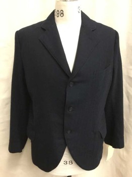 Mens, Jacket 1890s-1910s, NO LABEL, Navy Blue, Wool, Solid, 44 S, Herringbone Tonal Texture, 3 Pockets, 3 Buttons, Single Breasted, Back Center Vent,