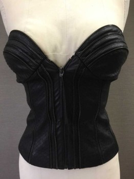 Womens, Sci-Fi/Fantasy Corset, IZZY , Black, Leather, 26B, Quilting Chevron Stripes On Leather, Zipper Details, Zip Front,