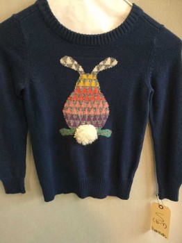 Childrens, Sweater, Gap Kids, Navy Blue, Multi-color, Cotton, Animal Print, 6/7 Y, S, Girls Navy Sweater with Multicolor Bunny On Center Front, with Big White Pom Pom For His Tail., Long Sleeves, Round Neck,  See Photo Attached,
