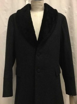 Mens, Coat 1890s-1910s, MTO, Charcoal Gray, Wool, Faux Fur, Heathered, 38, Heather Charcoal, Black Faux Fur Shawl Lapel, 2 Buttons,  2 Pockets,