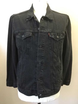 Mens, Jean Jacket, LEVI'S, Black, Cotton, Solid, XL, Button Front, Long Sleeves, Collar Attached, 4 Pockets, Back Waist Tabs, Gray Stitching