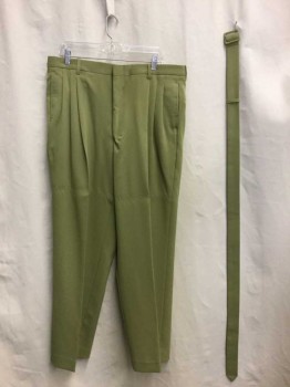 Mens, 1970s Vintage, Suit, Pants, SAN CARLO, Moss Green, Synthetic, Solid, 31, 36, Pleated, Matching BELT