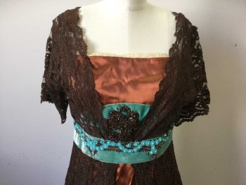 Womens, Evening Dress 1890s-1910s, MTO, Brown, Dk Brown, Turquoise Blue, Silk, Cotton, W25, B34-36, Brown Charmuse Center Front, Dark Brown Lace Over with Short Sleeves, Turquoise Velvet Waist Band with Brown and Turquoise Bead Detail, White Scallop Edge Lace Along Neckline, Train Hem, Hooks and Bars Close Center Back, Condition Excellent,