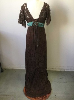Womens, Evening Dress 1890s-1910s, MTO, Brown, Dk Brown, Turquoise Blue, Silk, Cotton, W25, B34-36, Brown Charmuse Center Front, Dark Brown Lace Over with Short Sleeves, Turquoise Velvet Waist Band with Brown and Turquoise Bead Detail, White Scallop Edge Lace Along Neckline, Train Hem, Hooks and Bars Close Center Back, Condition Excellent,