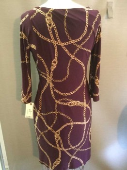 LAUREN, Aubergine Purple, Yellow, Polyester, Novelty Pattern, Gold Chain Novelty Print, Long Sleeves, Scoop Neck, Knit, Left Side Pleats for Asymmetrical Swag
