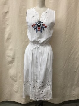 SUNO, White, Navy Blue, Dusty Blue, Raspberry Pink, Cotton, Solid, Floral, Split Crew Neck, Pansie Embroidery Center Front, Open Work Neck Edge, Sleeveless, Elastic Drawstring Waist, Below Knee Length Floral Eyelet Border, Lined, 2 Pockets,