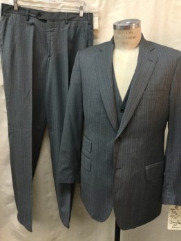 Mens, Suit, Jacket, BROOKS BROTHERS, Lt Gray, Lt Blue, Wool, Stripes - Vertical , 40R, Single Breasted, 2 Buttons,  4 Pockets, Top Stitch, Notched Lapel,